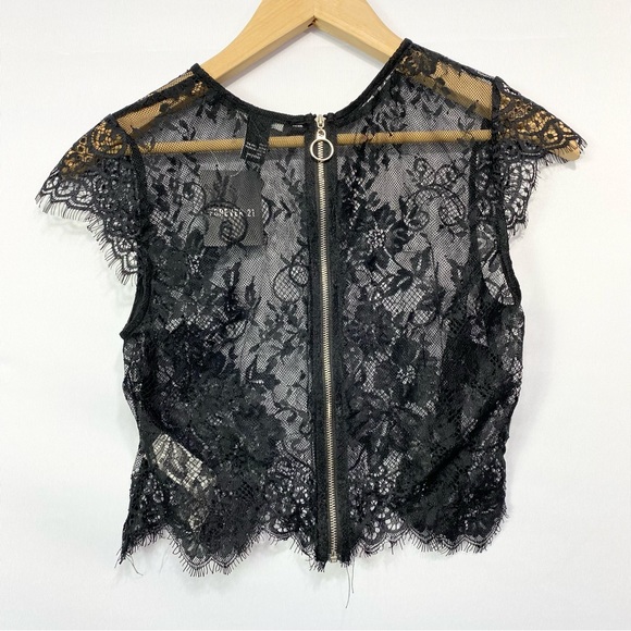 NWT-Forever21 Black Lace Zip Up Back Tank L - Picture 3 of 5